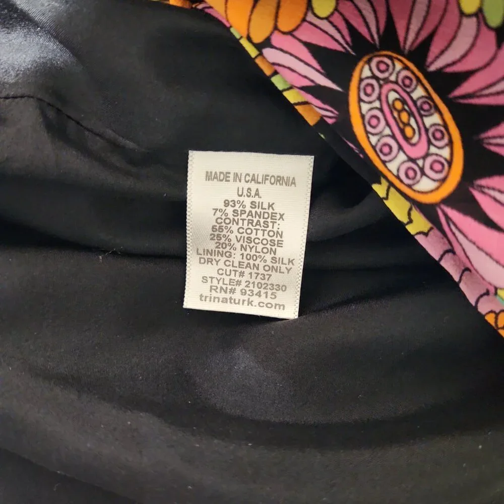Trina Turk Silk Mini Dress Retro colorful print Bell Sleeve size 0 - Picture 8 of 11
